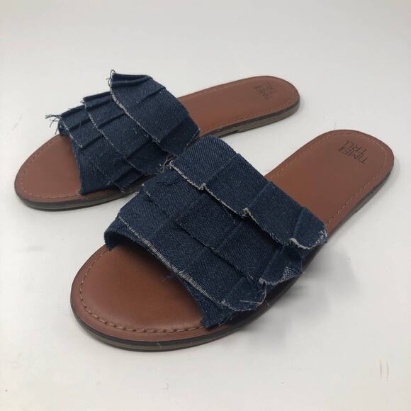 Time and Tru Ruffle Denim Slip-On Sandals Women's Size 7 Summer Beach Vacation - Picture 3 of 8